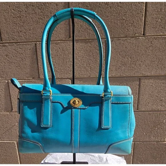 Vintage Coach Hampton Turn Lock Teal/Turquoise Leather Carry All Satchel Bag - Picture 8 of 16